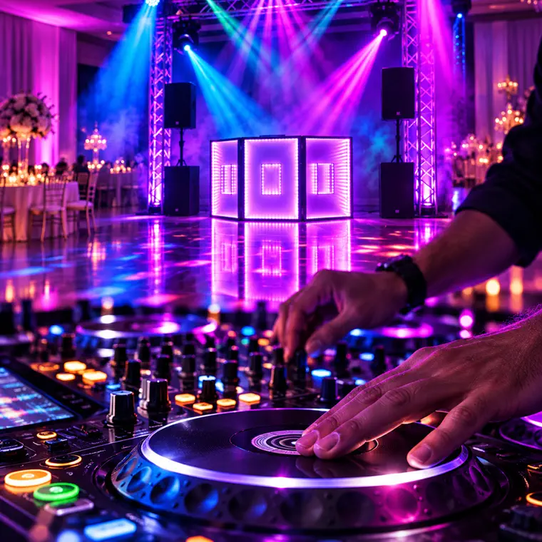 Mãos do DJ sobre o controlador, com a cabine acesa e a pista ao fundo