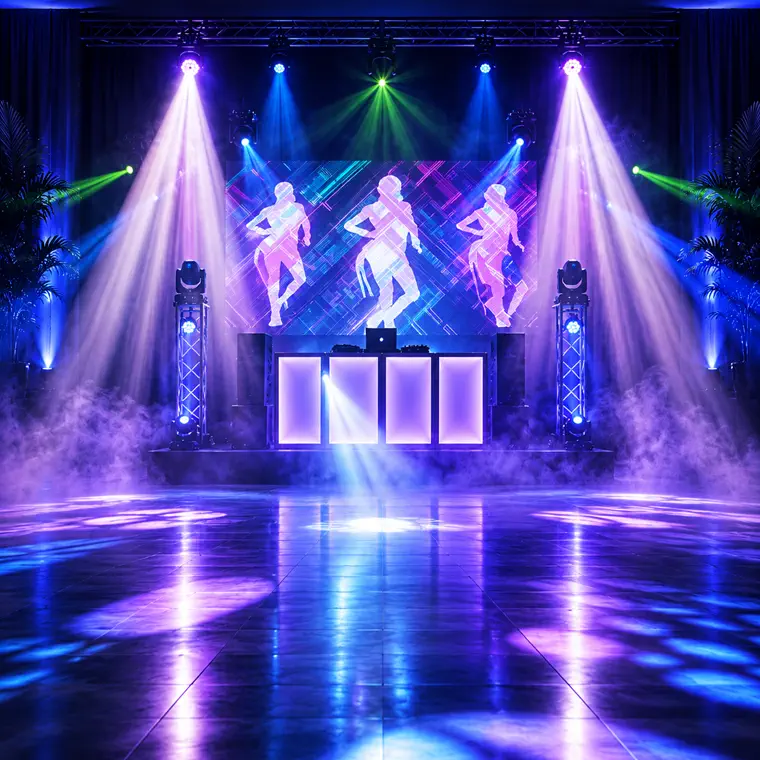 Palco com painel de LED aceso atrás da cabine de DJ, sob treliça com refletores