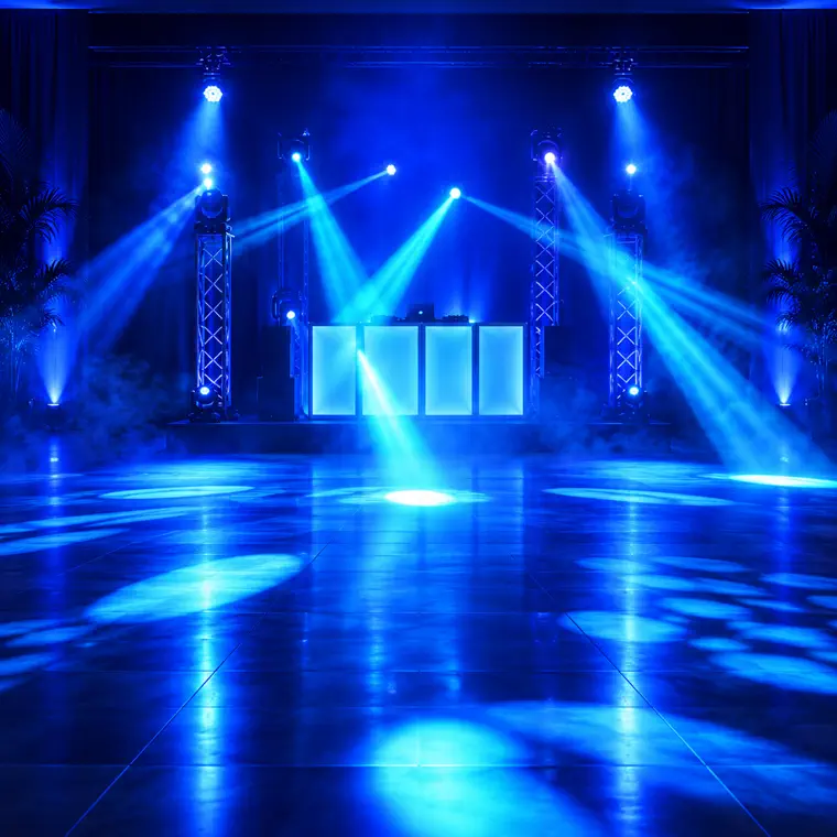 Palco montado com treliça de alumínio e feixes de luz azul abrindo sobre a pista