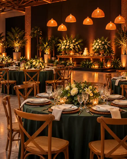 Salão de recepção posto, com mesas de toalha verde, pendentes de palha acesos e a mesa do bolo sob luz âmbar