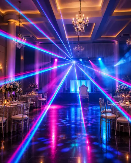 Salão nobre com lustres de cristal e colunas, atravessado por feixes de laser