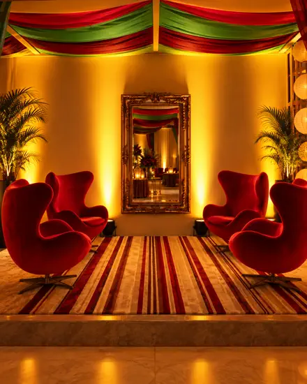 Lounge com poltronas e espelho grande sob luz âmbar