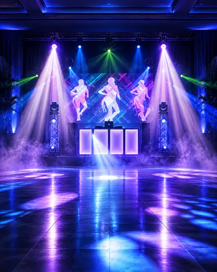 Palco de DJ com painel de LED aceso, torres de treliça e fumaça