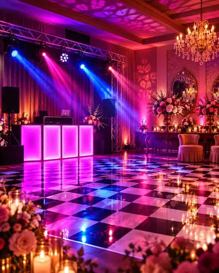 Salão com lustre de cristal, arranjos de flores e cabine de DJ em rosa sobre a pista xadrez