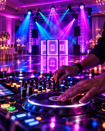 Mãos do DJ sobre o controlador, com a cabine acesa ao fundo