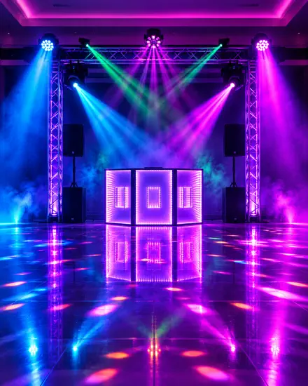 Cabine de DJ com efeito de espelho infinito e feixes de luz abrindo sobre a pista