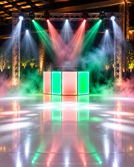 Cabine de DJ em verde, com fumaça tomando o palco em área coberta