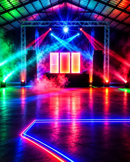 Cabine de painéis acesos sob treliça de alumínio, fumaça no palco e fita de LED contornando a pista no piso espelhado