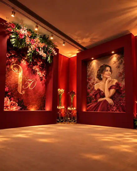 Cenário em vermelho com painel do número 50, arranjo de flores e quadro iluminado