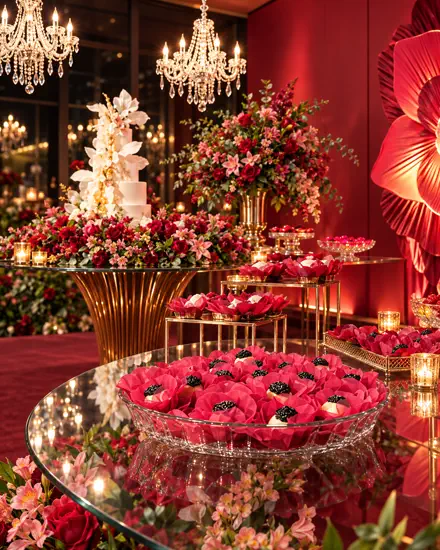 Mesa de doces em tons de rubi sob lustres de cristal, com parede de flores atrás