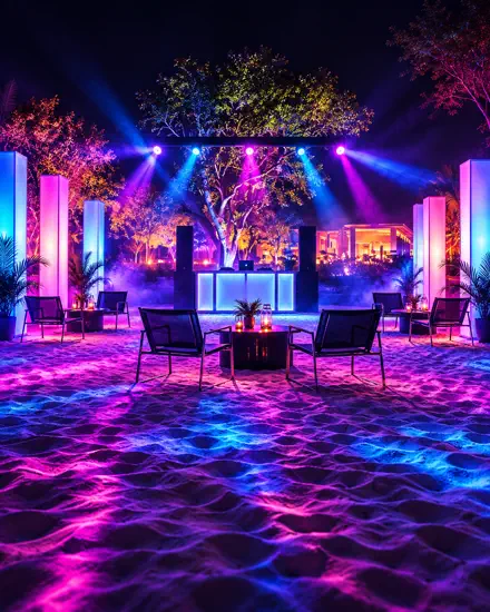Lounge montado na areia à noite, com totens de luz e mesas altas